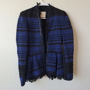 Rebecca Taylor Tweed Fringe Leather Trim Blazer Jacket Blue Black Size 0